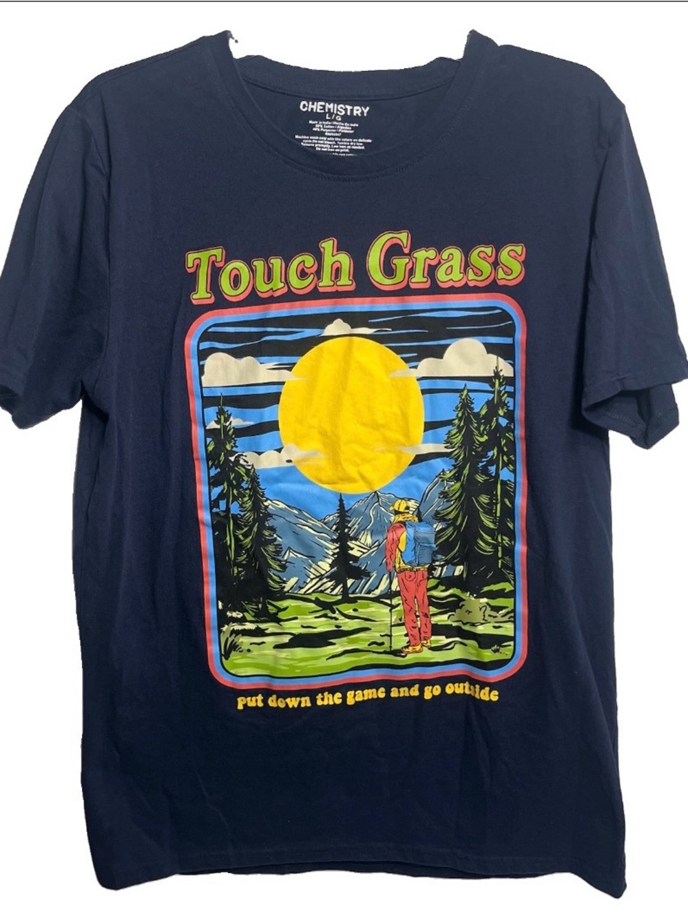 CHEMISTRY Touch Grass Graphic Tee Navy Regular Fit Crew Neck Short Sleeve Large